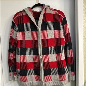 J. Jill Plaid Hooded Sweater - Red, Black, Gray